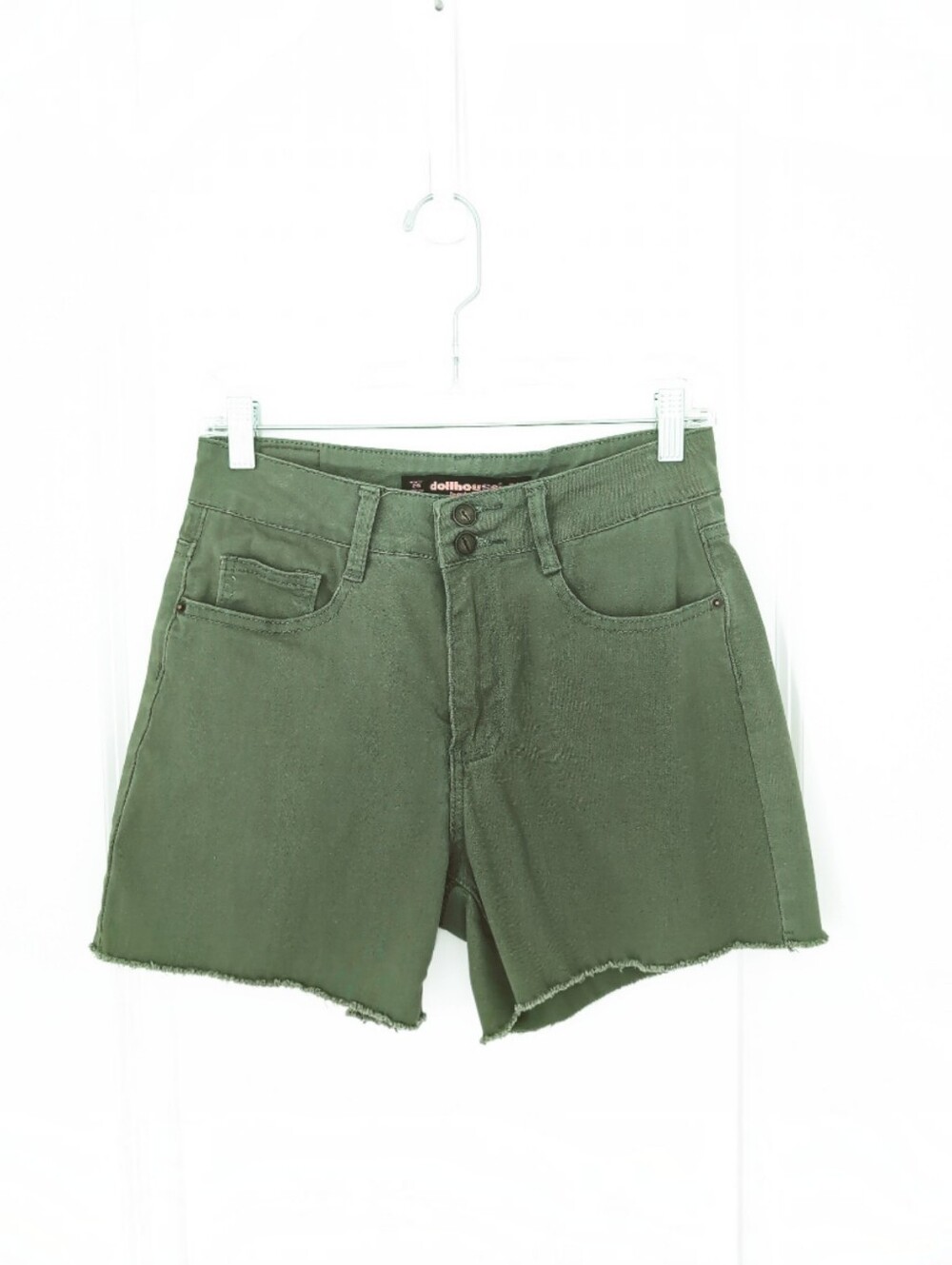 Dollhouse Olive Green High Rise Cutoff Denim Shorts Frayed Hem 7/8